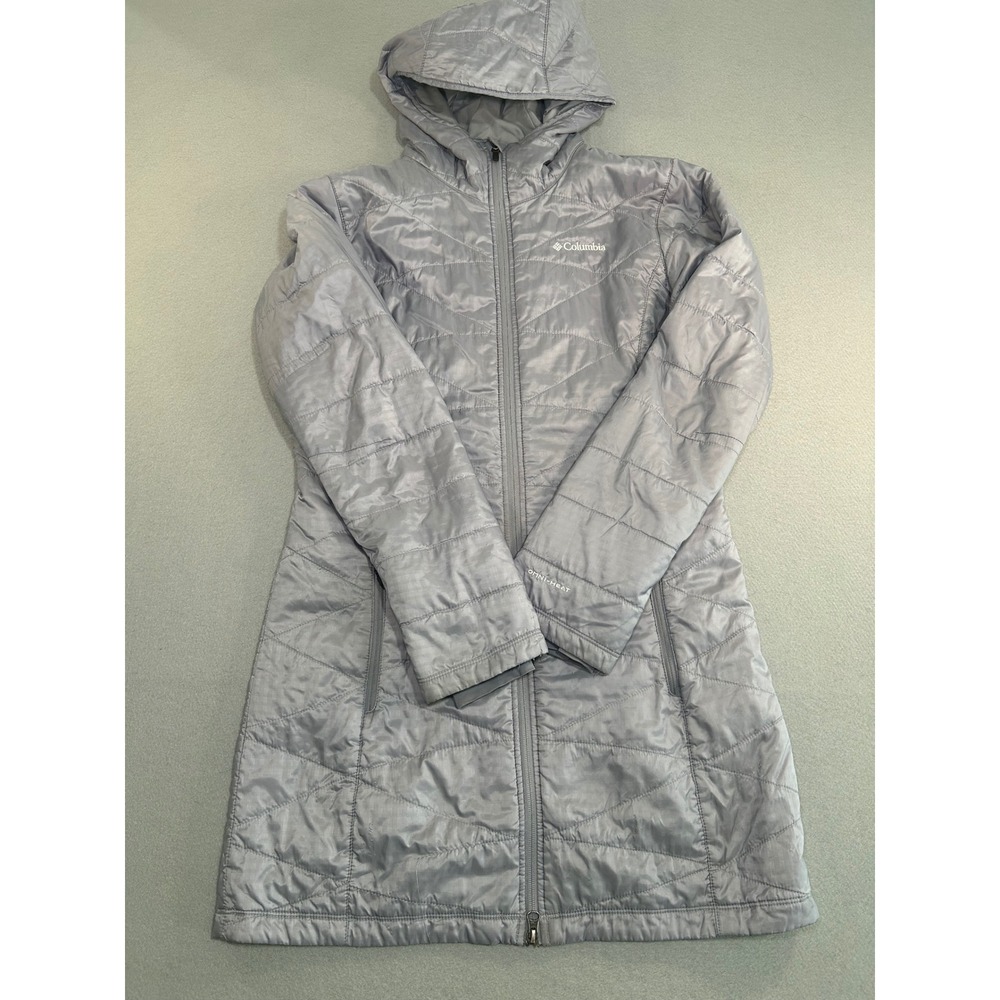 Columbia Hooded Parka Womens M Grey Omni-Heat Quilted Long Jacket Mighty Lite